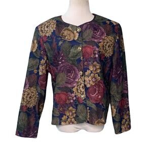 Inseparables vintage padded shoulders floral tapestry buttoned blouse size M